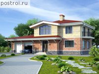 E-255-1K проект двухэтажного коттеджа из кирпича с цоколем и гаражом размером 9 на 20 