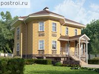 E-305-1K проект двухэтажного коттеджа из кирпича с цоколем и гаражом размером 16 на 13 