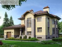 N-353-1K проект двухэтажного коттеджа из кирпича с цоколем и гаражом размером 16 на 18 