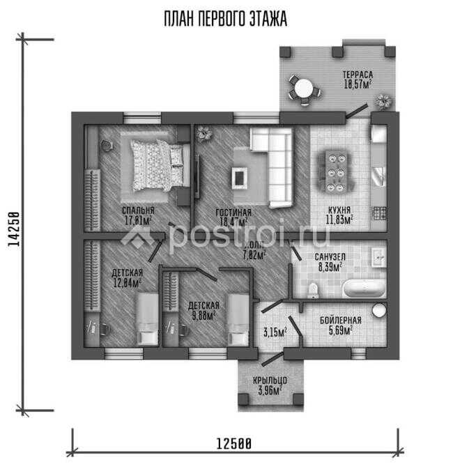 P-101-1P проект коттеджа из пенобетона размером 13 на 14 - 1-й этаж