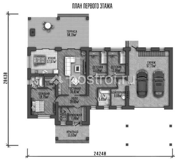 P-298-1P проект одноэтажного дома из пеноблоков с подвалом и гаражом размером 24 на 22 - 1-й этаж