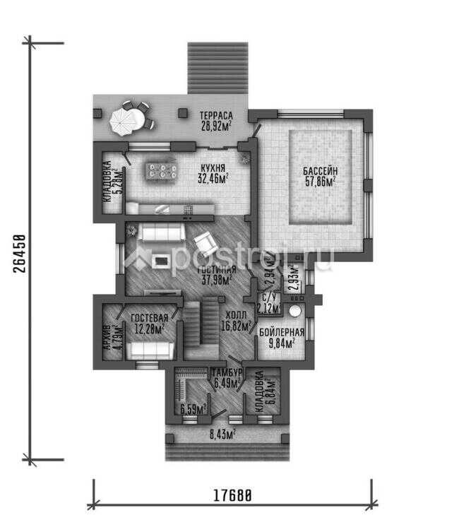 P-435-1P проект дома из газобетона с цоколем размером 18 на 26 - 1-й этаж