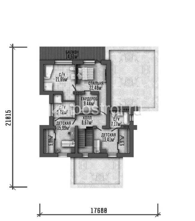 P-435-1P проект дома из газобетона с цоколем размером 18 на 26 - 2-й этаж